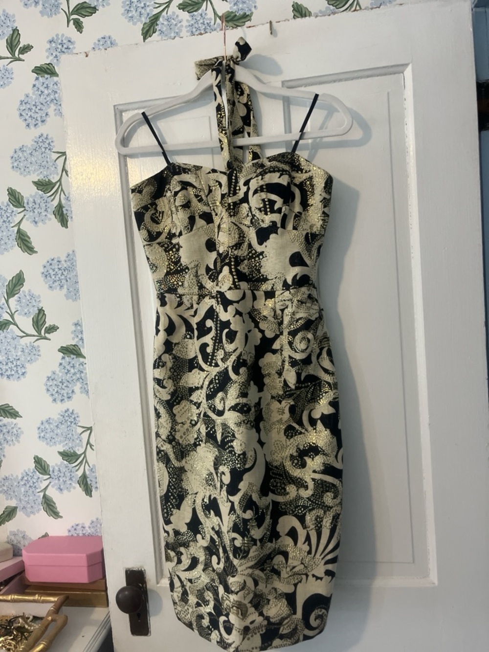 Milly Navy and Gold Strapless Brocade Cocktail Dress